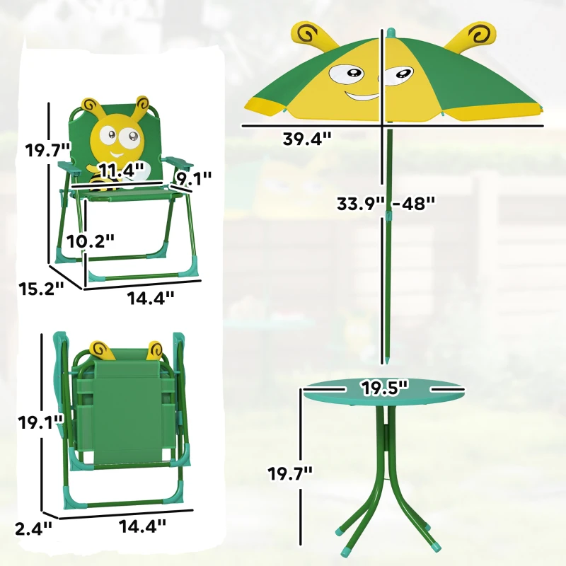 Qaba Kids Picnic Table and Chair Set, Outdoor Activity Table with Foldable Chairs, Height Adjustable Umbrella, Green