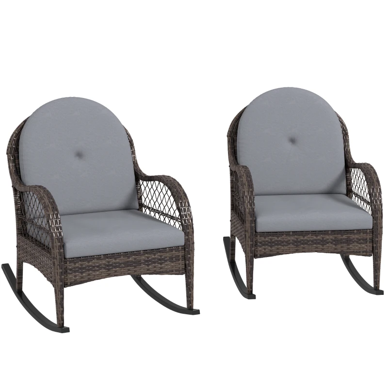 Outsunny 2 Pieces Wicker Rocking Patio Chairs, Indoor Outdoor Rocking Chair Set with Cushions and Armrests for Porch, Grey