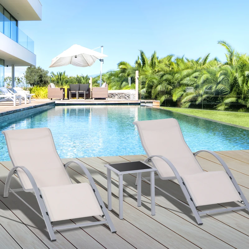 Outsunny 3 Pieces Patio Pool Lounge Chairs Set, Outdoor Chaise lounge with 2 S-Shaped Sunbathing Chairs and a Glass Top Table, for Yard Garden, Cream White