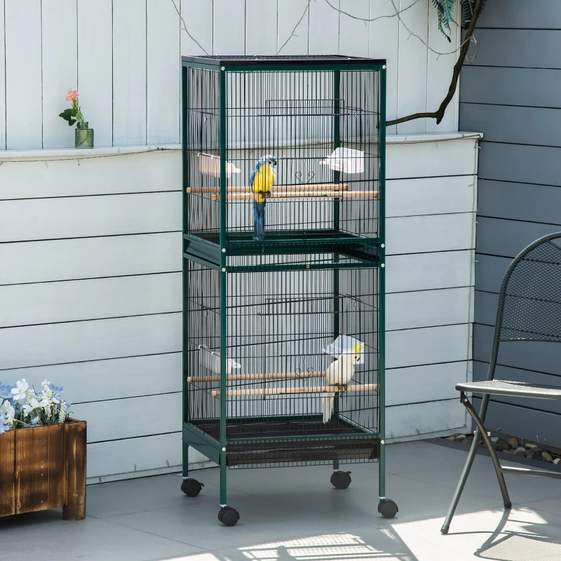 PawHut 55.1" 2 In 1 Bird Cage Aviary Parakeet House for finches, budgies with Wheels, Slide-out Trays, Wood Perch, Green