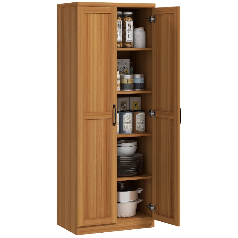 HOMCOM 63" 2-Door Kitchen Pantry, Freestanding Cabinet with 2 Adjustable Shelves for Dining Room, Cinnamon Teak Wood Grain