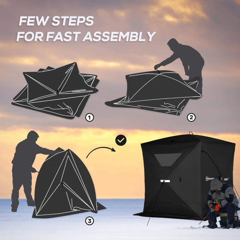 Outsunny 2-4 Person Pop-up Ice Fishing Tent Portable Ice Fishing Shelter with Windproof Windows and Carrying Bag Hub Fish Shelter, Black