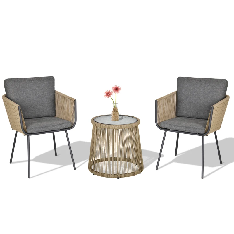 Outsunny 3 Pieces Wicker Outdoor Bistro Set, Rattan Patio Furniture Set with Glass Coffee Table and Porch Chairs for Backyard, Balcony, Garden, Gray