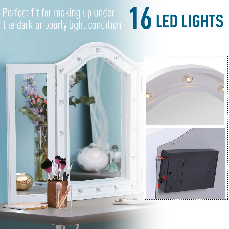 HOMCOM Vanity Lighted Makeup Mirror Tri- Fold Tabletop Living Room Dressing with 16 LED Lights - White