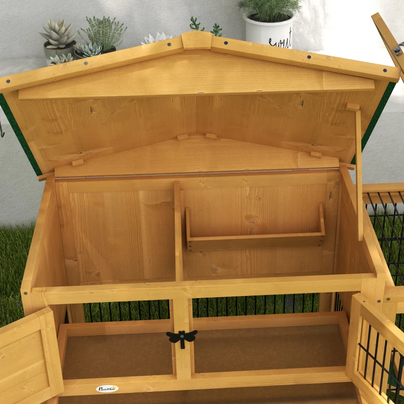 PawHut Wood Rabbit Hutch w/ Ramp, Openable Roof, Pull-out Tray, Yellow