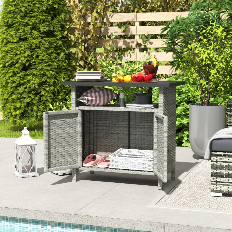 Outsunny Wicker Outdoor Storage Cabinet with Two Doors and Shelf for Outdoor Pool Towel Storage, Gray