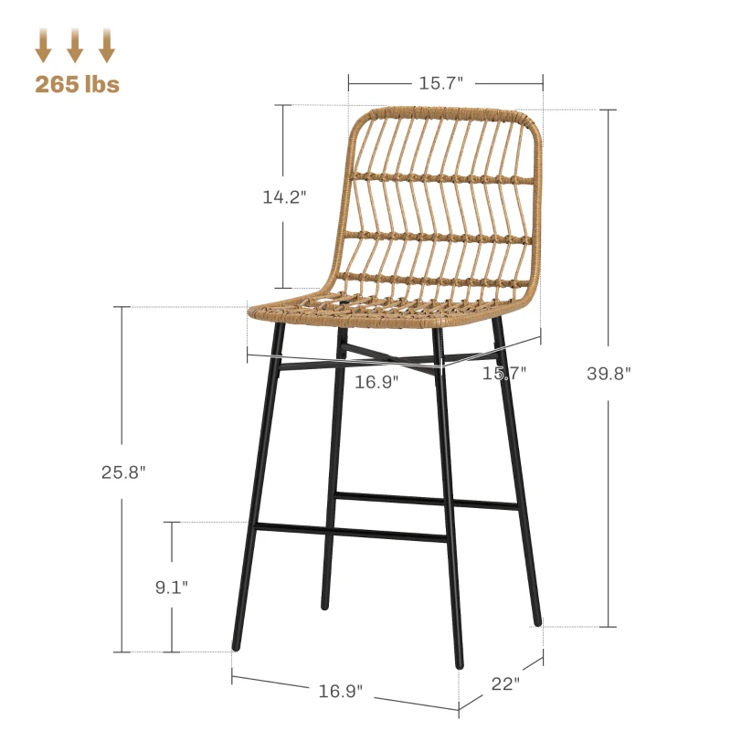 HOMCOM Rattan Counter Bar Stools Set of 2, 26" Counter Height Barstools with Back, Bar Chairs for Kitchen Island, Brown