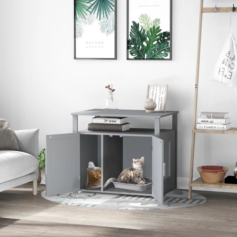 PawHut Wooden Cat Litter Box Enclosure Furniture with Adjustable Partition, Cat Washroom End Table with Open Shelf, Gray