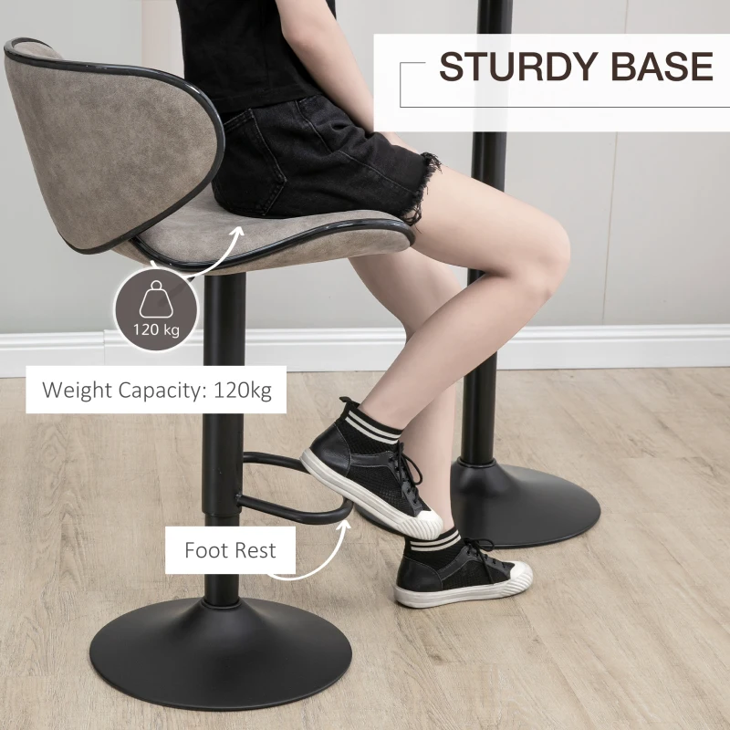 HOMCOM Adjustable Bar Stools Set of 2, Swivel Counter Height Barstools, Leathaire Upholstered Kitchen Island Stools with Back, Footrest and Steel Base, Taupe Grey