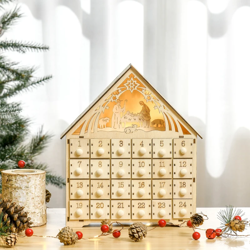 HOMCOM Christmas Advent Calendar, Light Up Manger Scene Tabletop Xmas Wooden House Holiday Decoration with Countdown Drawer, Bible Characters, for kids Adults