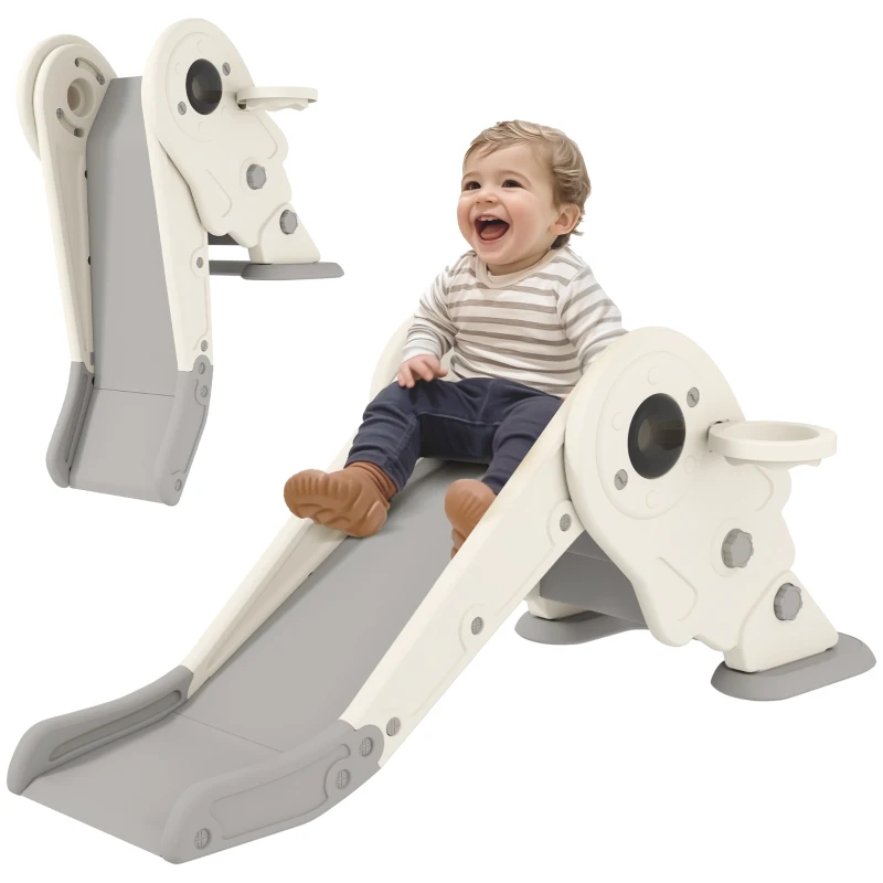 Qaba 3 in 1 Toddler Slide, Foldable Kids Slide with Basketball Hoop, Climber, Anti-Slide Step for Ages 2-5, Cream White