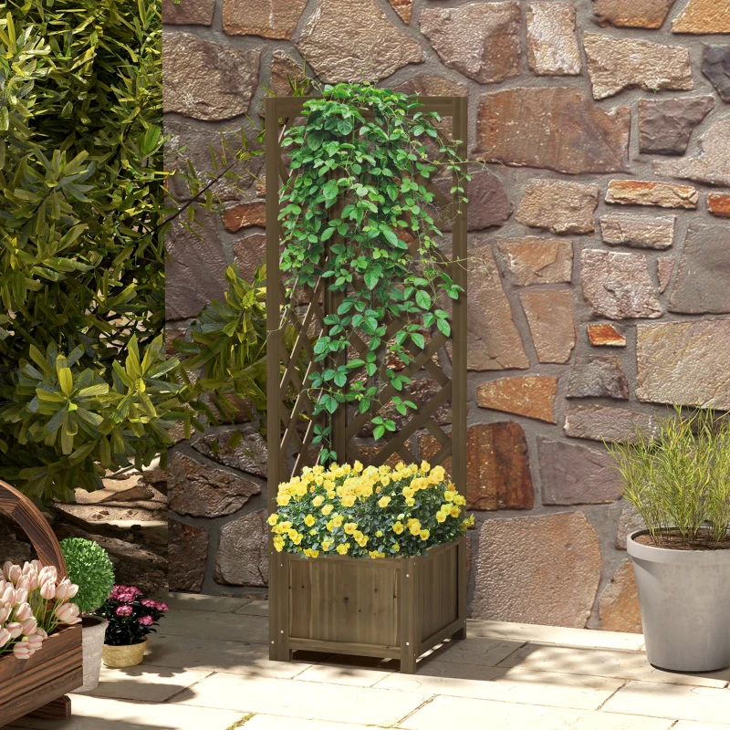 Outsunny Wooden Raised Garden Bed, Planter with Trellis for Vine Climbing and Vegetables, Herbs and Flowers Growing, Carbonized