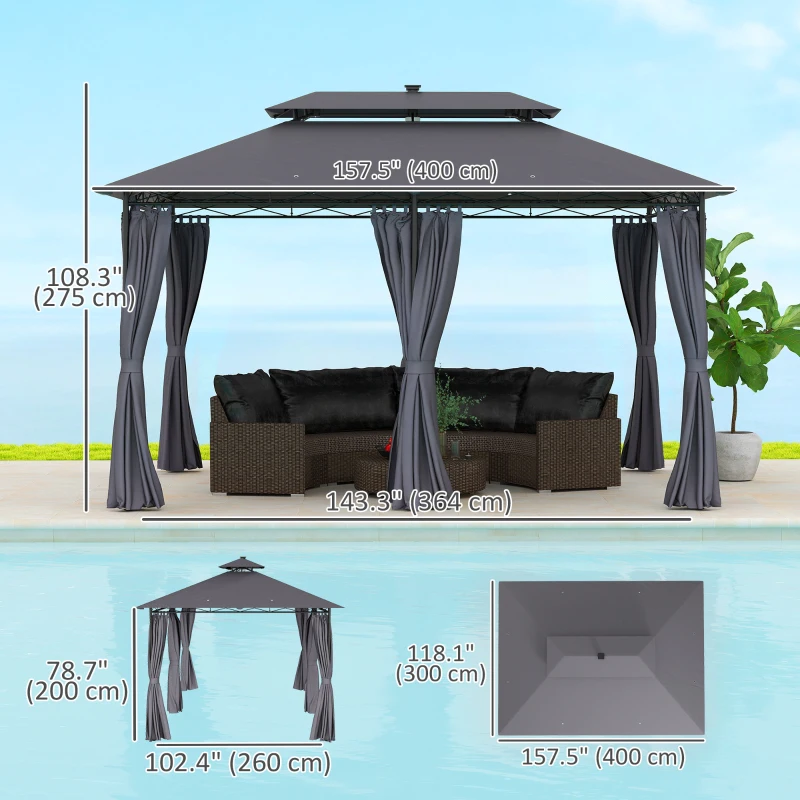 Outsunny 10' x 13' Outdoor Gazebo with Curtains and Solar-Powered LED Lights, Double Roof Patio Gazebo Canopy Shelter