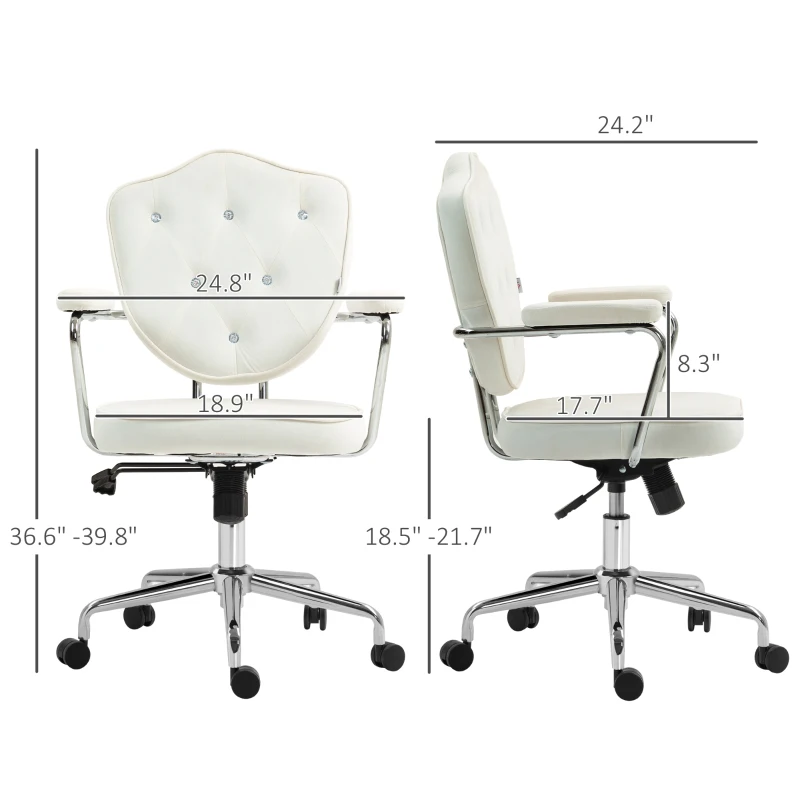 HOMCOM Cute Office Chair, Desk Chair with Button Tufted Velvet-Feel Fabric, Swivel Computer Vanity Chair, Cream White