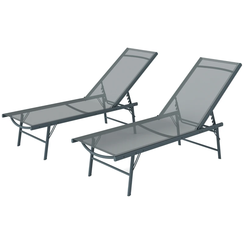 Outsunny 2 Pieces Folding Outdoor Lounge Chairs, Reclining Chaise Lounge Tanning Chair w/ Adjustable Back, Mesh Seat, Light Grey