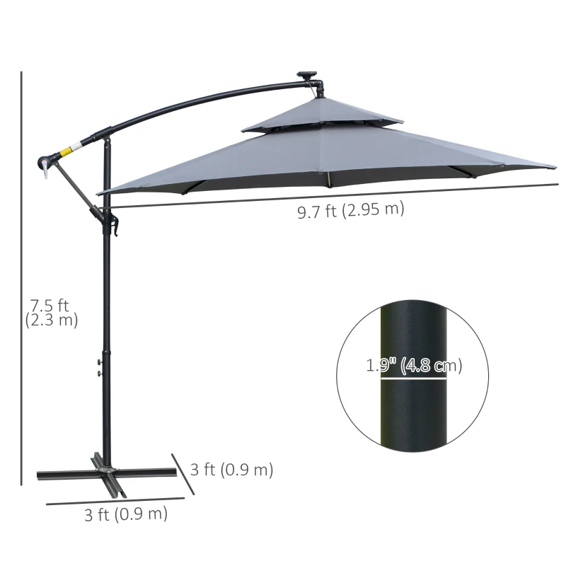 Outsunny 10FT Cantilever Patio Umbrella with Lights Solar Powered Offset Umbrella with Crank and Cross Base for Deck Grey
