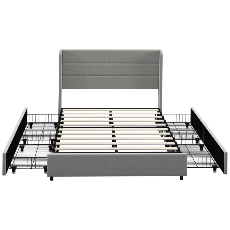 HOMCOM Full Bed Frame with Storage Drawers, Full Size Bed Base with Headboard, Wood Slats, Noise-Free, Light Gray