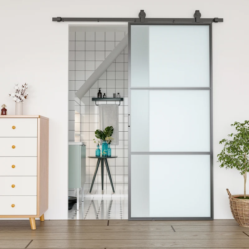 HOMCOM 36" x 84" Sliding Door with Hardware Kit, Handle, & Track, Frosted Tempered Glass Door, Easy Installation