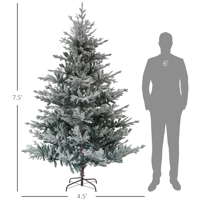 HOMCOM 7.5 Foot Artificial Nordic Pine Christmas Tree with Snow, Easy Assembly, Hinged Xmas Tree for Home Office Holiday