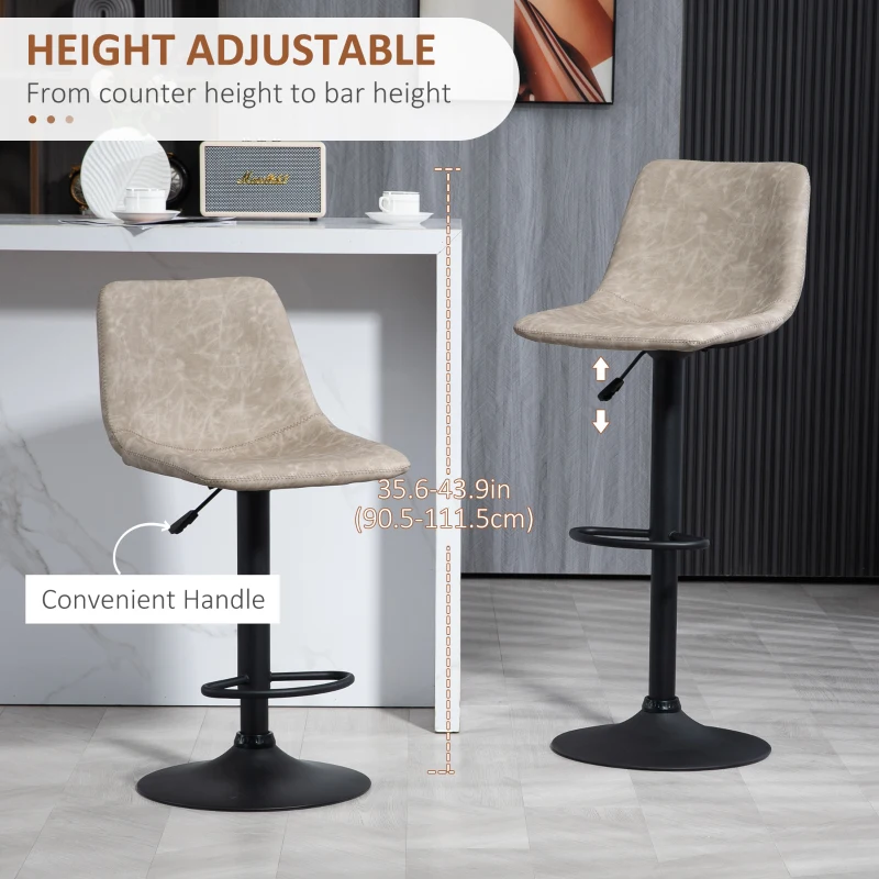 HOMCOM Adjustable Counter Height Bar Stools Set of 2, 360° Swivel Kitchen Counter Stools With Backs, Vintage Leather, Beige