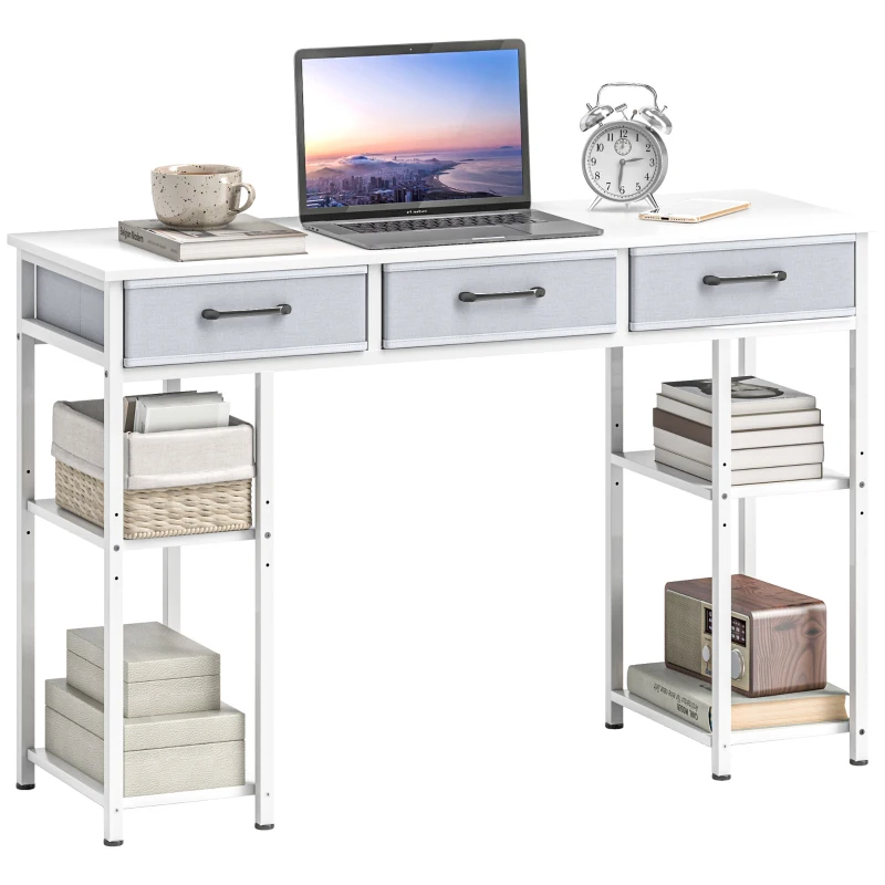 HOMCOM 47" Small Computer Desk, Writing Desk with Fabric Drawers, Home Office Desk with Adjustable Shelves, White
