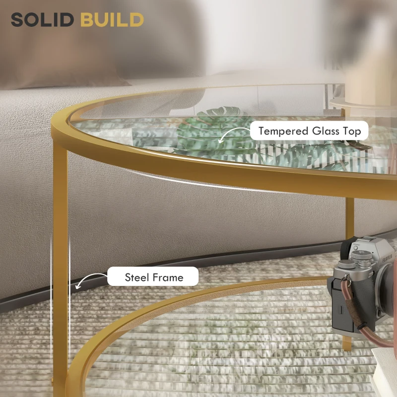 HOMCOM Side Table with Storage, 32" Round End Table, 2-Tier Tempered Glass Coffee Table with Steel Frame for Living Room, Gold
