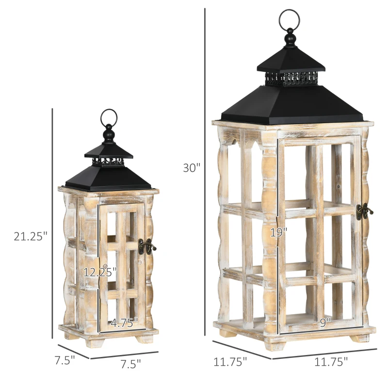 HOMCOM 2 Pack 31"/21" Large Rustic Lantern Decorations, Hanging Wooden Metal Indoor Covered Outdoor Lantern for Home Decor (No Glass), Black and Distressed Natural Wood Color