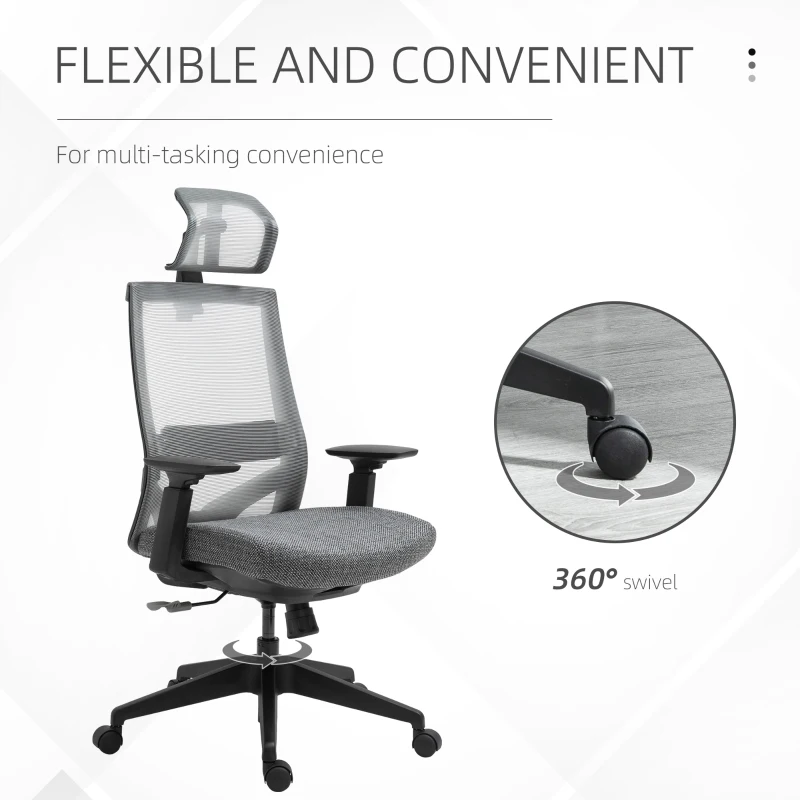 Vinsetto Mesh Fabric Home Office Task Chair with High Back, Adjustable Seat, Recline, Headrest and Lumbar Support, Grey