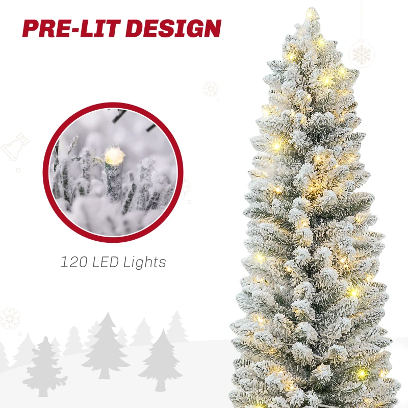 HOMCOM 5ft Artificial Prelit Christmas Tree with Warm White LED Light, Snow Flocked Branches, Metal Base, Pencil Xmas Tree