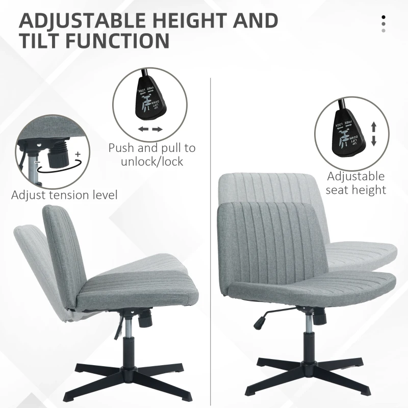 HOMCOM Criss Cross Chair, Wide Armless Office Chair, Fabric Computer Desk Chair with Adjustable Height, Gray