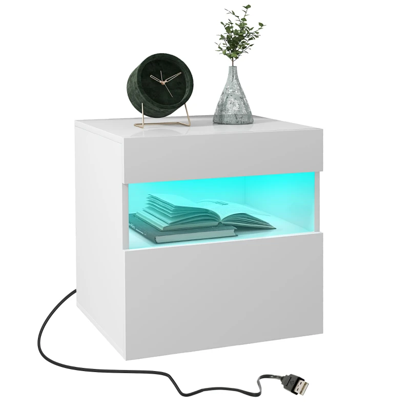 HOMCOM Nightstand with LED Lights, Small Bedside Table with Drawer and Open Shelf