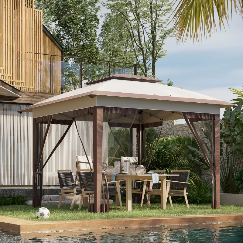 Outsunny 12' x 12' Pop Up Canopy Tent with Netting and Carry Bag, Instant Sun Shelter with 137 sq.ft Shade, Beige and Brown