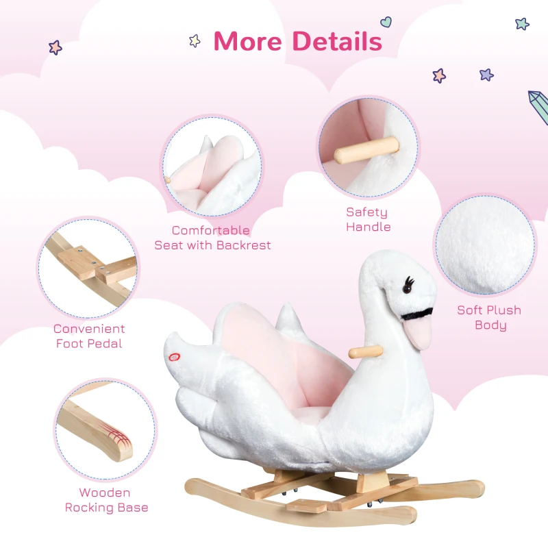 Qaba Kids Ride On Rocking Horse Plush Swan Style Toy with Music for Over 18 Months Children, White and Pink