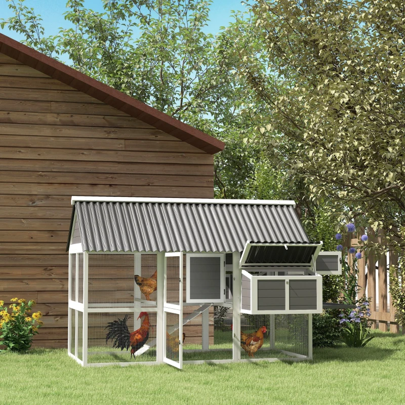 PawHut Wooden Chicken Coop with Run, 2 Nesting Boxes, 2 Roosting Bars, Ramp & Tray, Poultry Cage for 6-8 Chickens, Gray