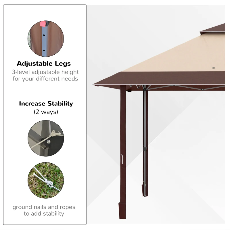 Outsunny 13' x 13' Pop Up Party Tent Outdoor Canopy with Top Vent, 3-Level Adjustable Height, and Roller Bag, Khaki