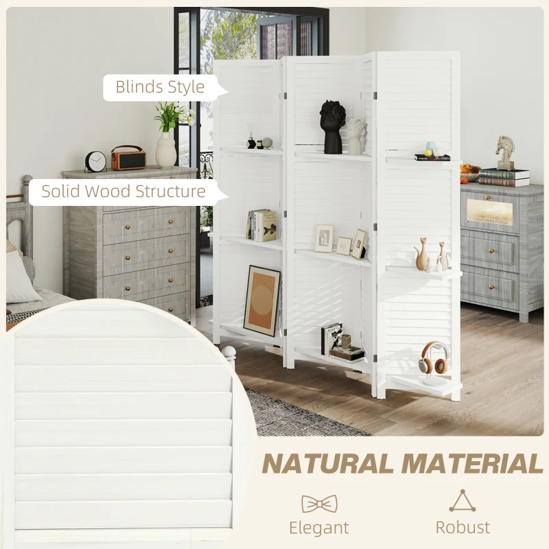 HOMCOM 5 Panel 67" Tall Wood Privacy Screen Room Divider with 3 Shelves and Folding Storage for Bedroom, White