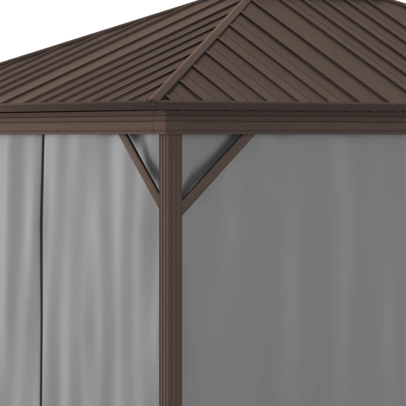 Outsunny 10' x 12' Hardtop Gazebo with Curtains and Netting, Permanent Pavilion Metal Single Roof Gazebo Canopy with Aluminum Frame and Hooks, for Garden, Patio, Backyard, Gray