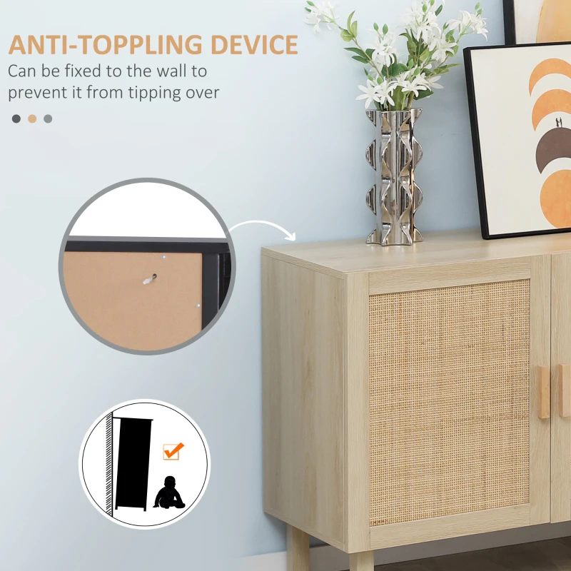 HOMCOM Boho Kitchen Cabinet, Buffet Cabinet with 3 Rattan Doors and Adjustable Shelves for Dining Room, Natural