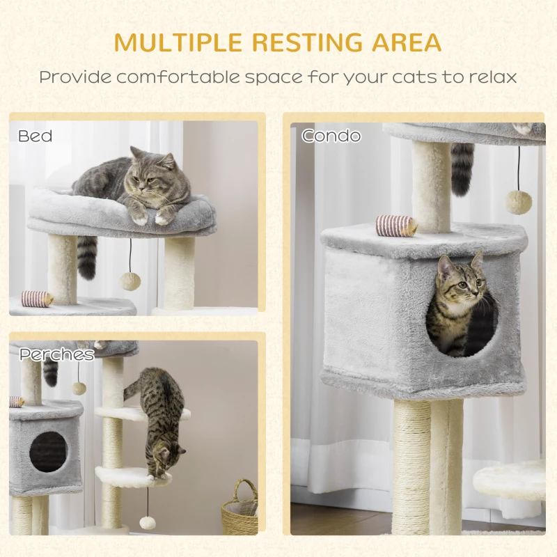 PawHut 37" Cat Tree for Indoor Cats, Cat Tower, Kitty Activity Center with Cat Bed Condo Hanging Ball Toys Sisal Rope Scratching Post, Light Grey