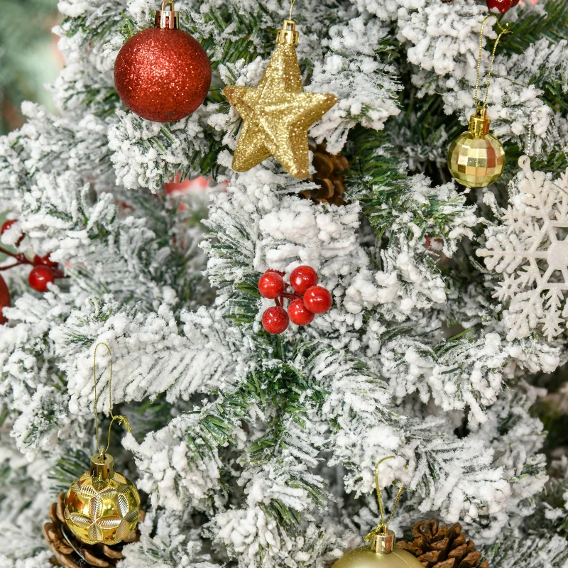 HOMCOM 6' Pencil Snow Flocked Artificial Christmas Tree with 600 Pine Realistic Branches, Pine Cones, Red Berries, Auto Open, Green