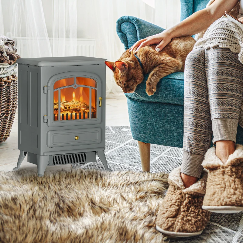 HOMCOM Fireplace Stove, Electric Fireplace Heater with Realistic LED Flames and Logs, 725W/1450W, Gray