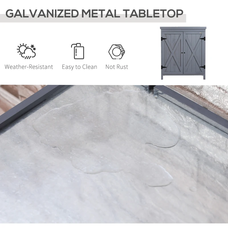 Outsunny Outdoor Storage Cabinet, Outdoor Tool Shed with Galvanized Top and Two Shelves for Yard Tools or Pool Accessories, Gray