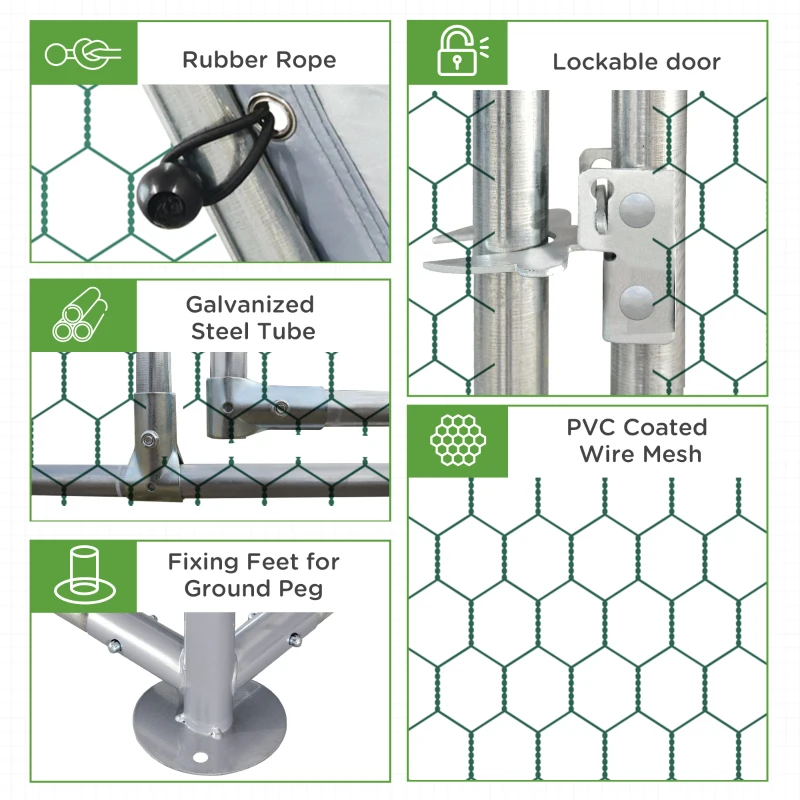 PawHut Chicken Run, Galvanized Large Metal Chicken Coop Cage, Walk-in Enclosure Poultry Hen Run House Playpen Rabbit Hutch with Flat Roof, Cover, 9.2' x 6.2' x 6.5', Silver