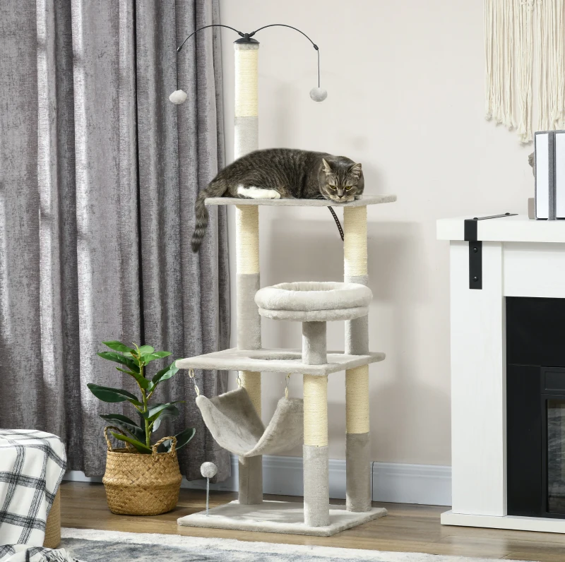 PawHut 57.5" Cat Tree for Indoor Cats with Scratching Posts, Cat Condo with Hammock, Bed, Toys, Grey