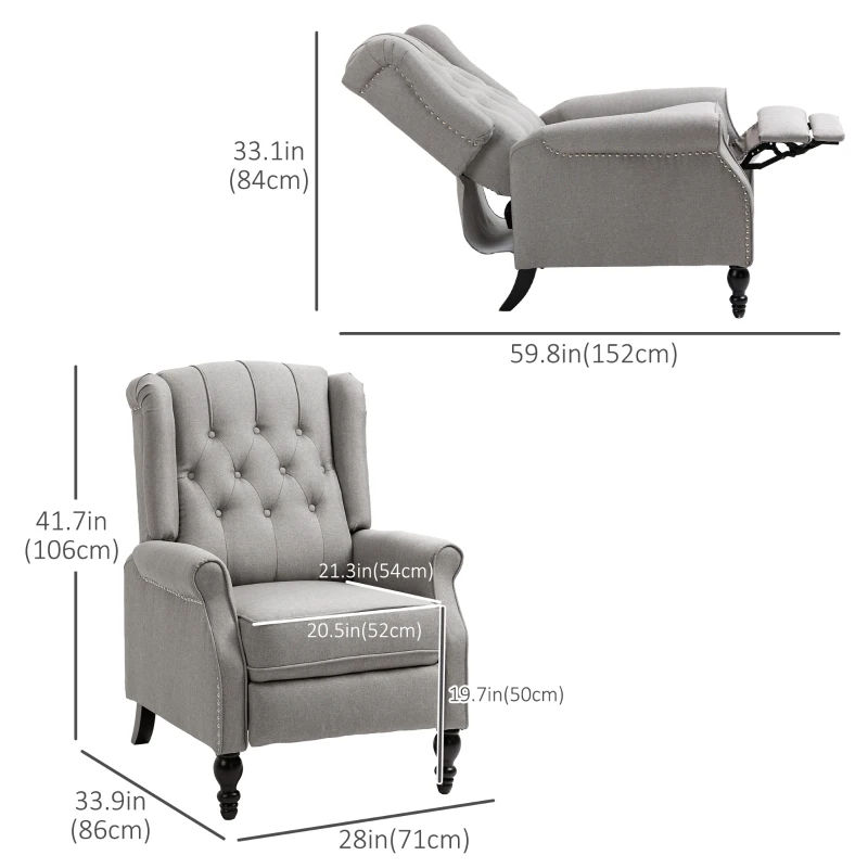 HOMCOM Wingback Reclining Chair with Footrest, Button Tufted Recliner Chair with Rolled Armrests for Living Room, Light Grey