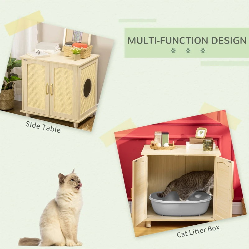 PawHut Cat Litter Box Enclosure with Soft Cushion, Indoor Cat Washroom Storage Bench End Table with PE Rattan Trim, Magnetic Doors, Easy Assembly, Oak