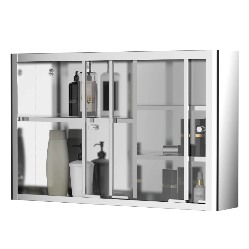 kleankin 24'' x 15'' Wall Mounted Bathroom Medicine Cabinet Sliding Door with Storage Shelves, Stainless Steel, Silver
