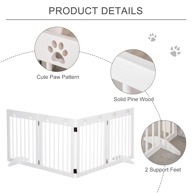 PawHut Freestanding Pet Gate 4 Panel Wooden Dog Barrier Folding Safety Fence with Support Feet up to 80.25" Long 24" Tall for Doorway Stairs White