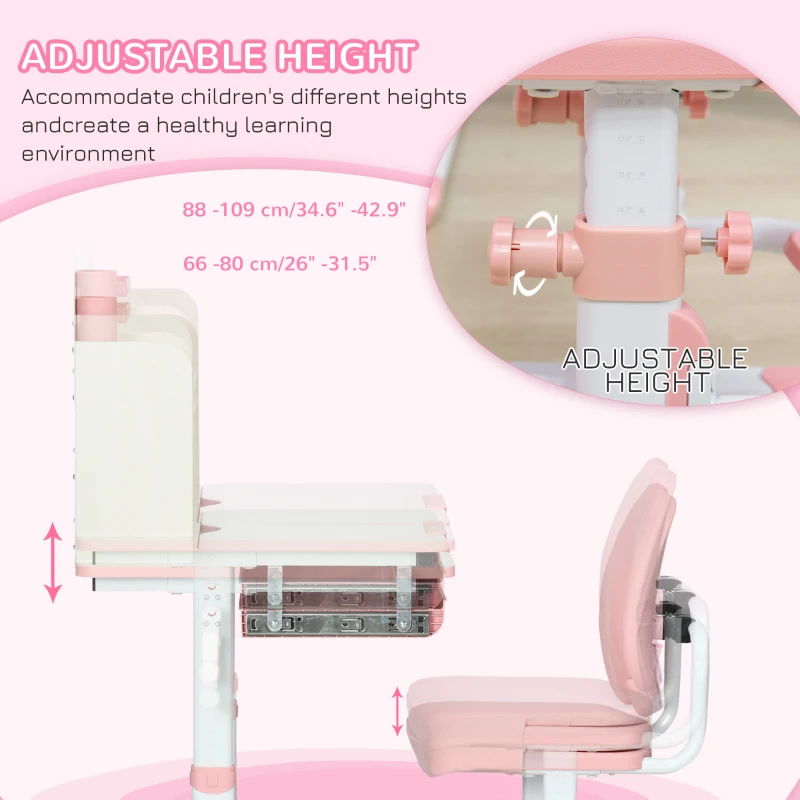 Qaba Kids Desk and Chair Set with Hand Crank, Tilted Desktop, Height Adjustable Student Writing Desk & Chair with Adaptive Seat Back, Footrest, Bookshelf, Drawer, Pen Holder, Pink