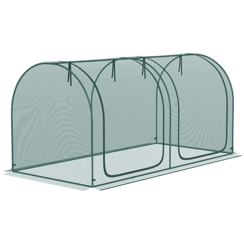 Outsunny 8' x 3' Crop Cage, Garden Plant Protector, with 3 Zippered Doors and 6 Ground Stakes, for Garden, Yard, Lawn Dark Green